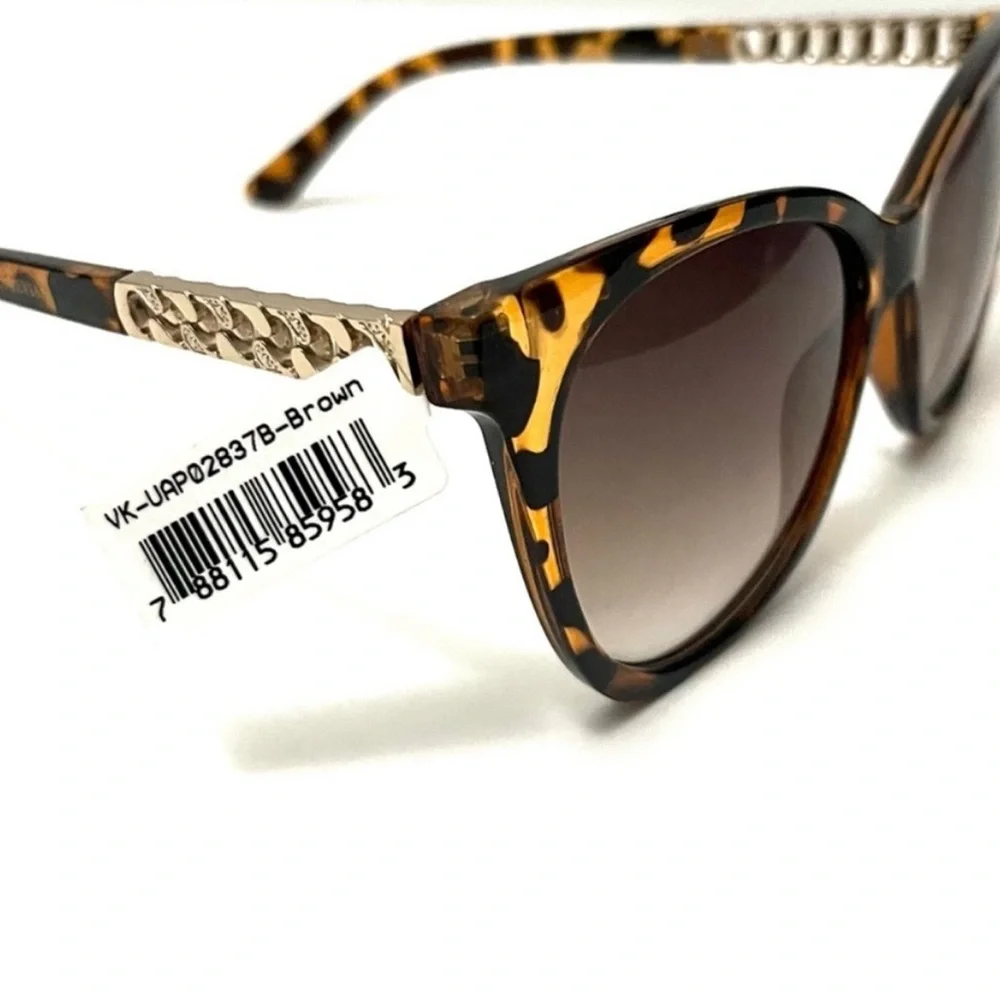 NWT Suzy Levian Brown Tortoise Frame Gold Chain Oversized Sunglasses UV 100%